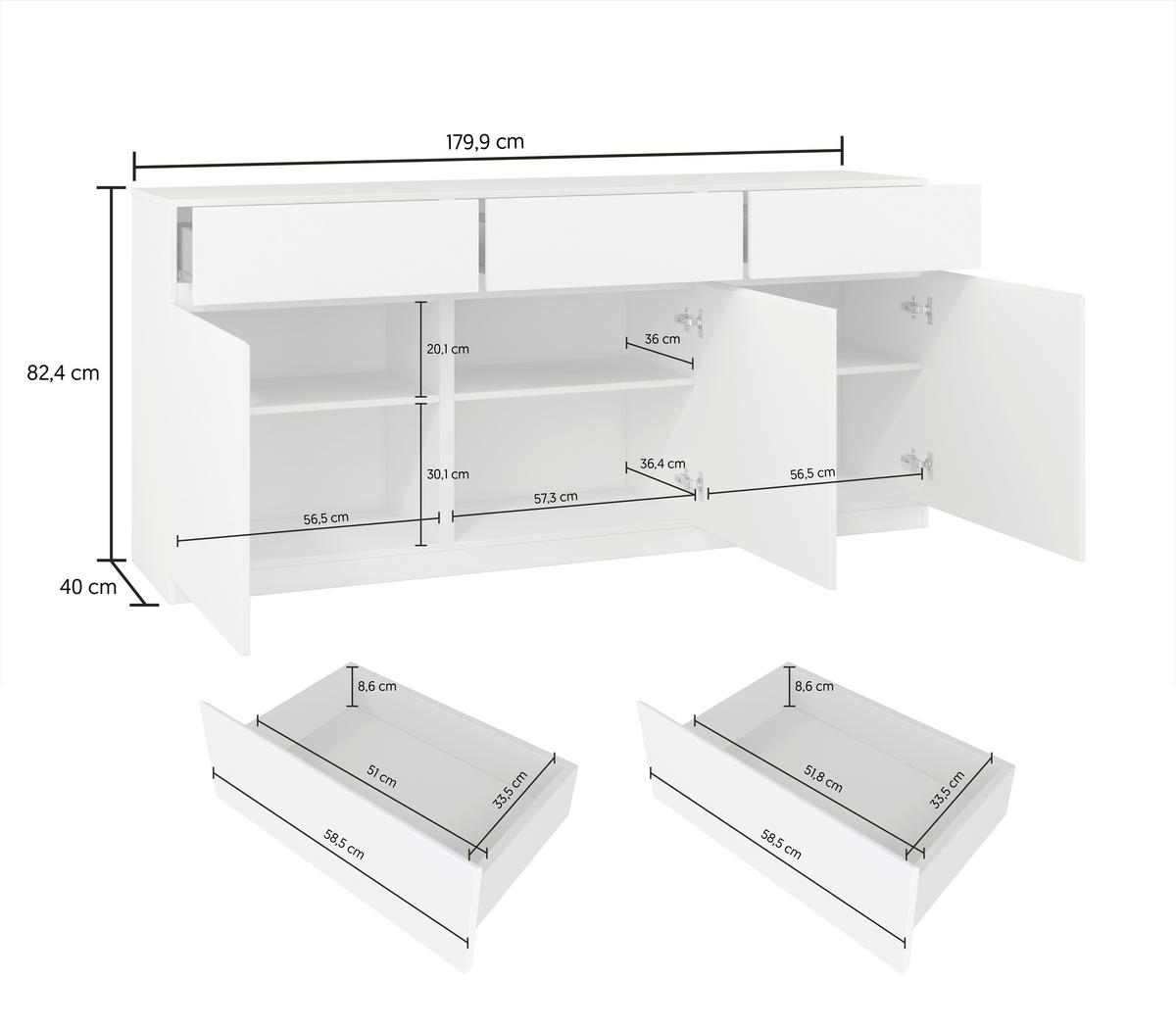 SIDEBOARD Bern  in 180/82,5/40 cm  - Weiß, Design, Holzwerkstoff (180/82,5/40cm) - MID.YOU