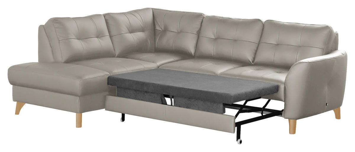 ECKSOFA in Lederlook Echtleder Platinfarben  - Platinfarben/Buchefarben, Design, Leder/Holz (190/236cm) - Livetastic