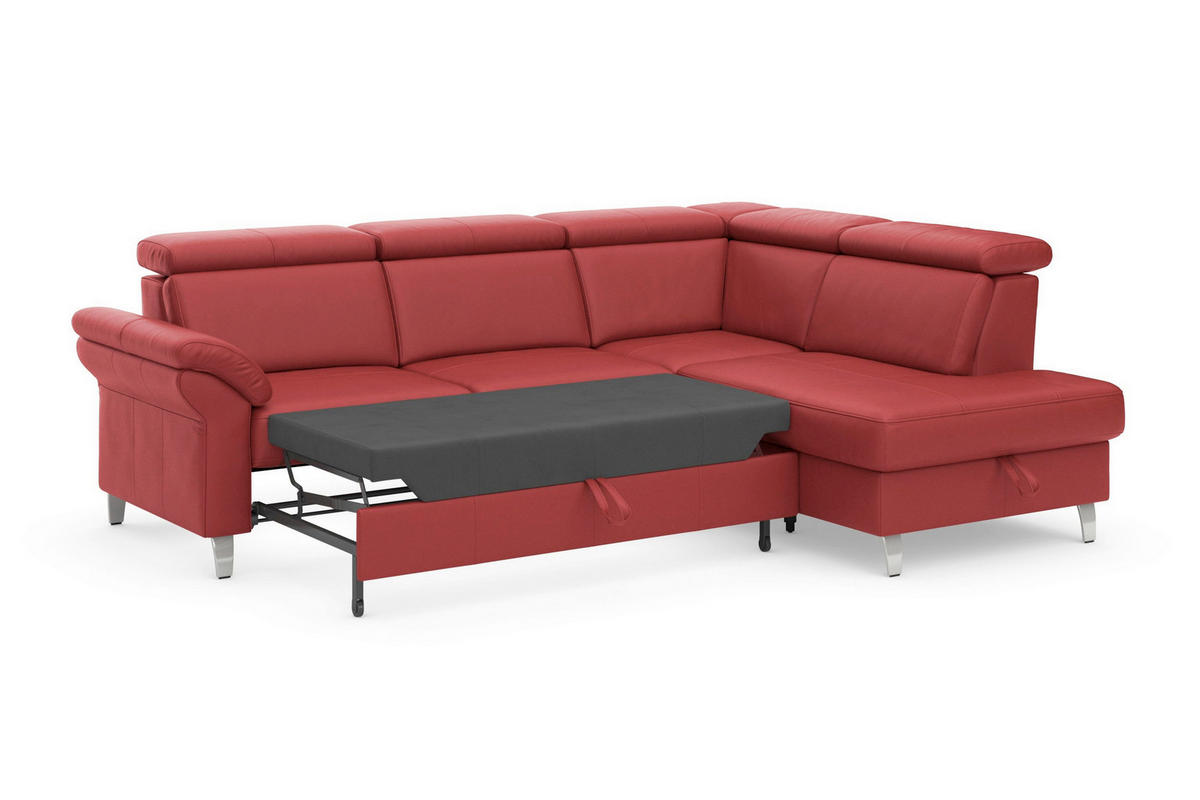 ECKSOFA 245/194 cm ARNGAST E in Mikrofaser Kombination Echtleder/Stoff Rot Bettkasten, Kopfteilverstellung  245/194 cm  - Chromfarben/Rot, Basics, Leder/Textil (245/194cm) - Sit & More