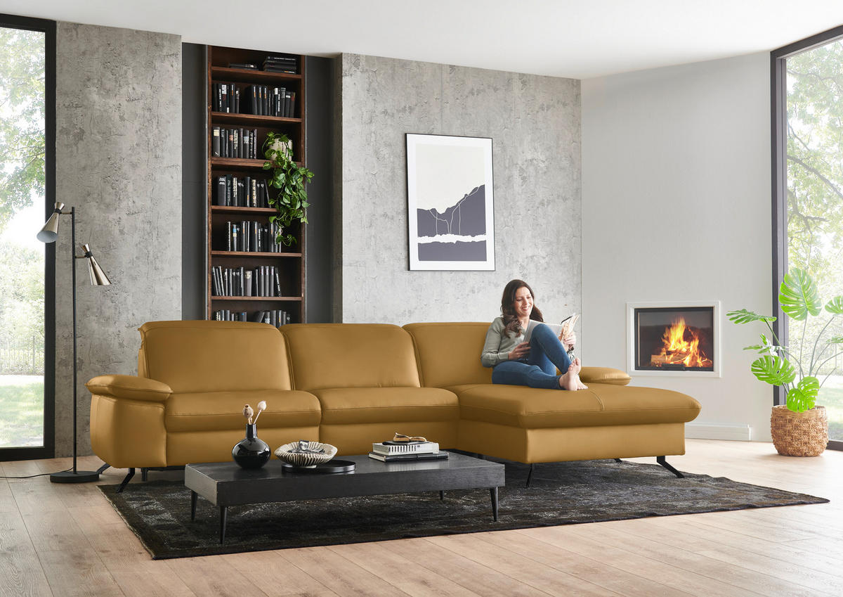 ECKSOFA  Echtleder Currygelb  - Currygelb/Schwarz, Design, Leder/Metall (307/169cm) - Beldomo Premium