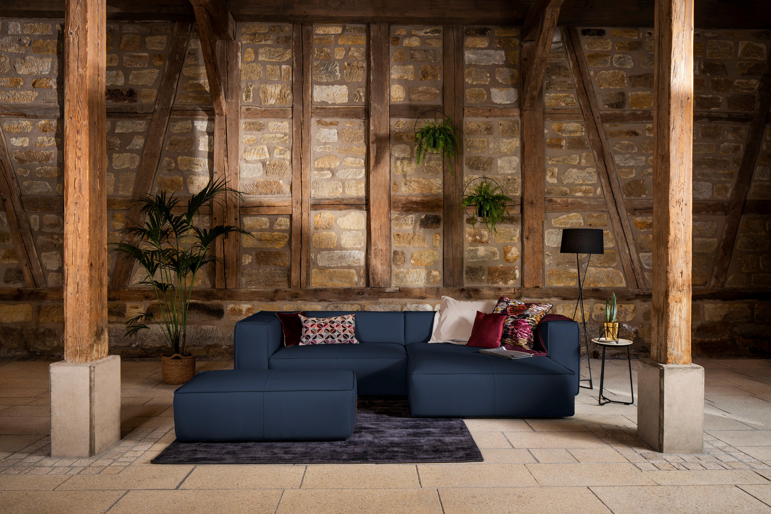 HOCKER Echtleder Blau  - Blau/Schwarz, MODERN, Leder/Kunststoff (120/39/60cm) - Chilliano