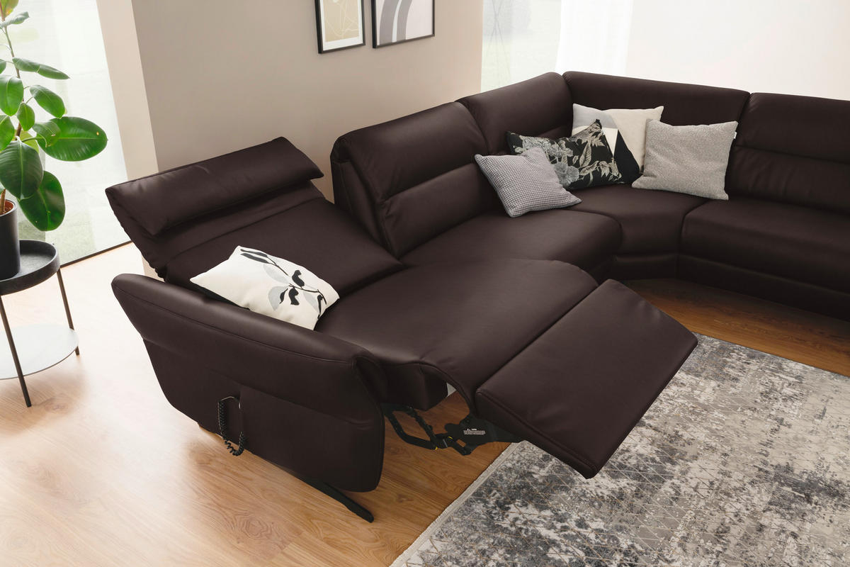 ECKSOFA Dunkelbraun Echtleder  - Dunkelbraun/Schwarz, Design, Leder/Metall (286/258cm) - Schöner Wohnen