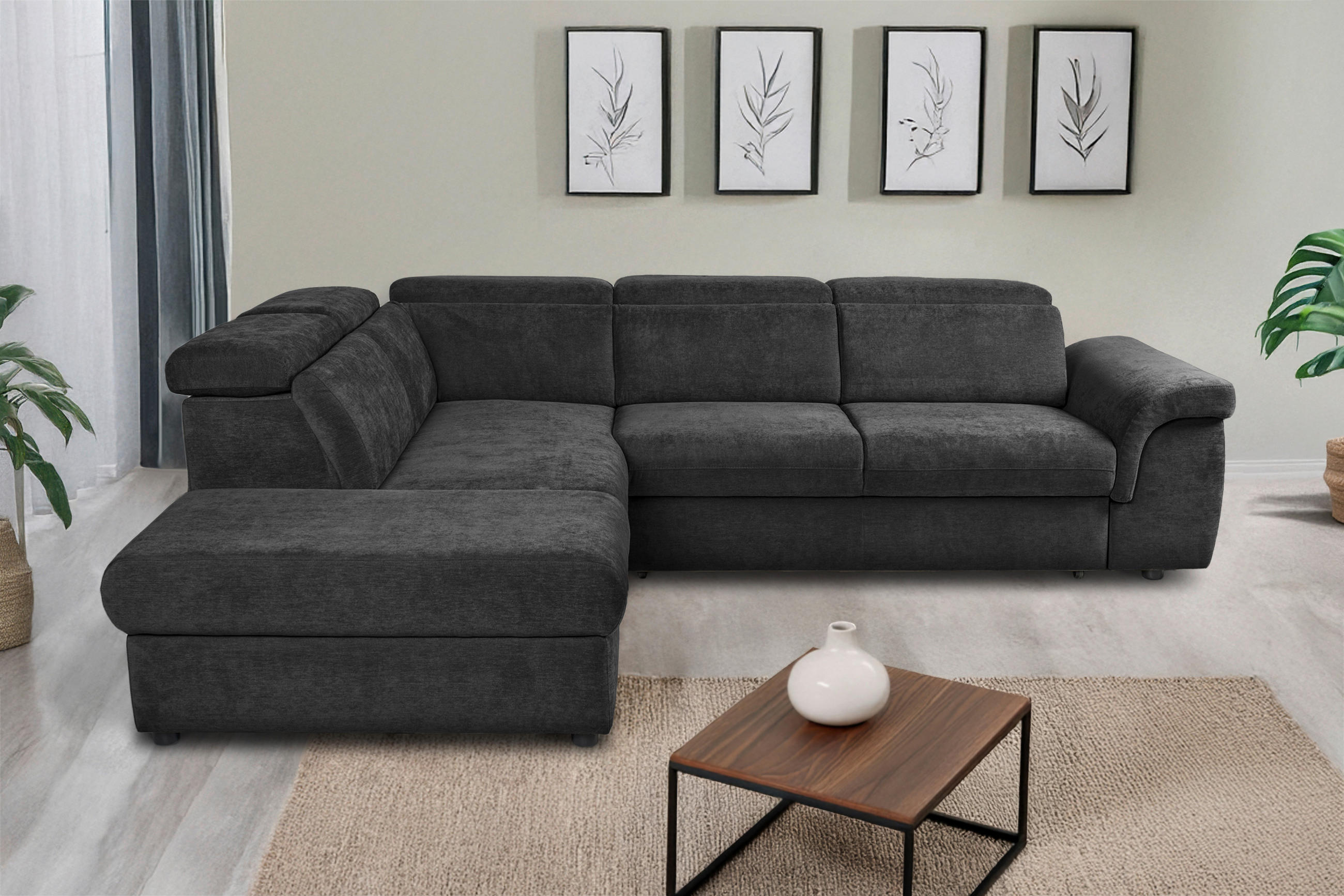 ECKSOFA Schwarz Flachgewebe  - Schwarz, KONVENTIONELL, Kunststoff/Textil (235/280cm) - Carryhome