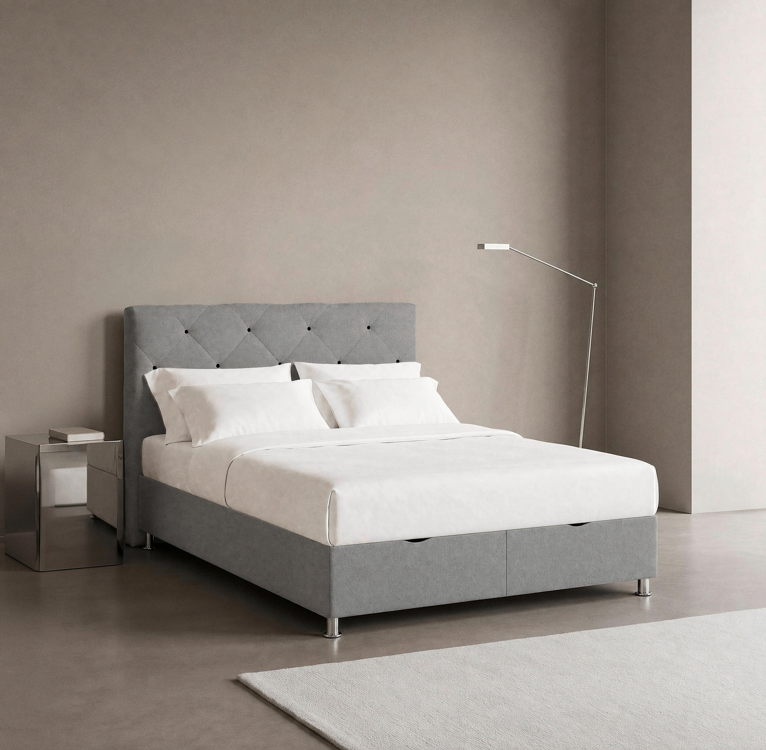 BOXBETT 180/200 cm,  in Grau, Matratze, gepolstertes Kopfteil, Bettkasten, H3 = fest  - Chromfarben/Grau, Design, Kunststoff/Textil (180/200cm) - Boxxx
