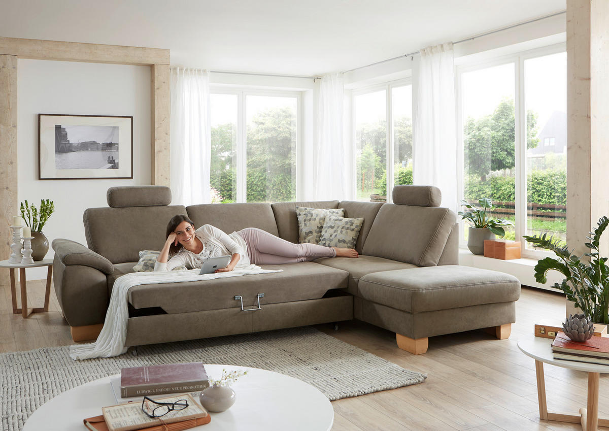 ECKSOFA in Mikrofaser Hellgrün  - Wildeiche/Beige, Konventionell, Holz/Textil (236/286cm) - Voleo