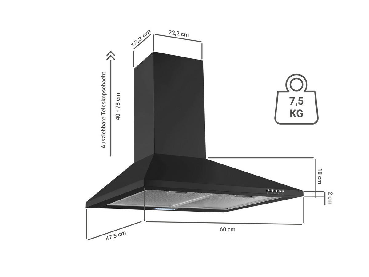 DUNSTABZUGSHAUBE CH22055SA  - Schwarz, Trend, Metall (60/58-96/47,5cm) - Respekta