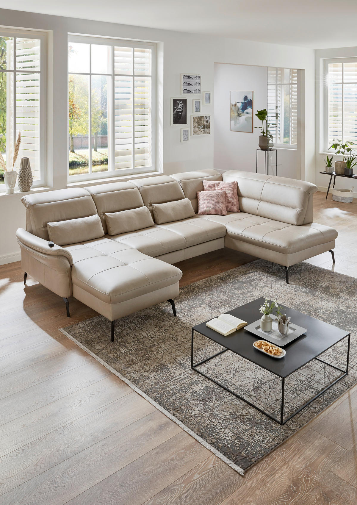 WOHNLANDSCHAFT Beige Echtleder  - Beige/Schwarz, Design, Leder/Metall (181/336/206cm) - Beldomo Speed