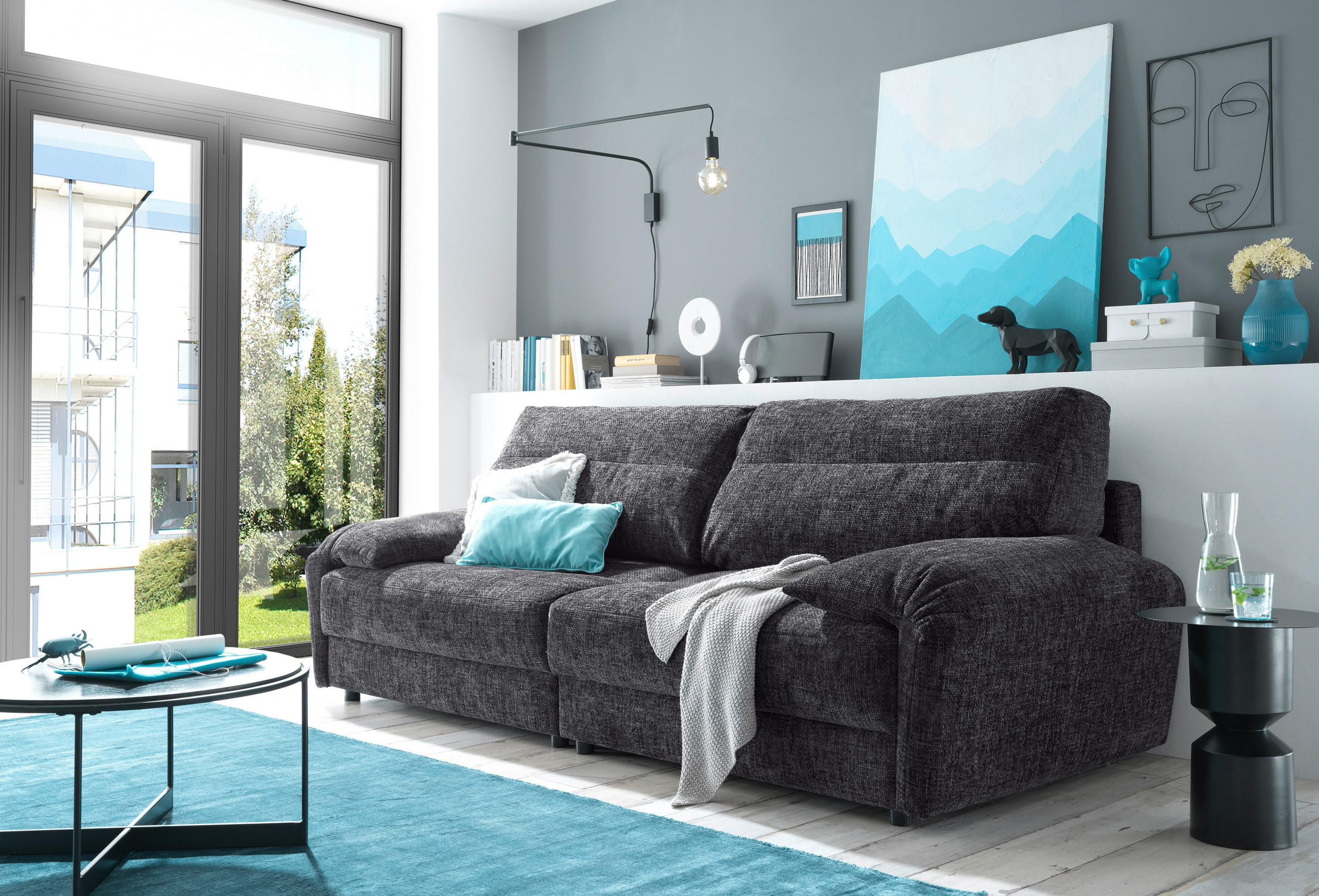 3-SITZER-SOFA Webstoff Anthrazit  - Anthrazit/Schwarz, KONVENTIONELL, Kunststoff/Textil (256/95/112cm) - MID.YOU