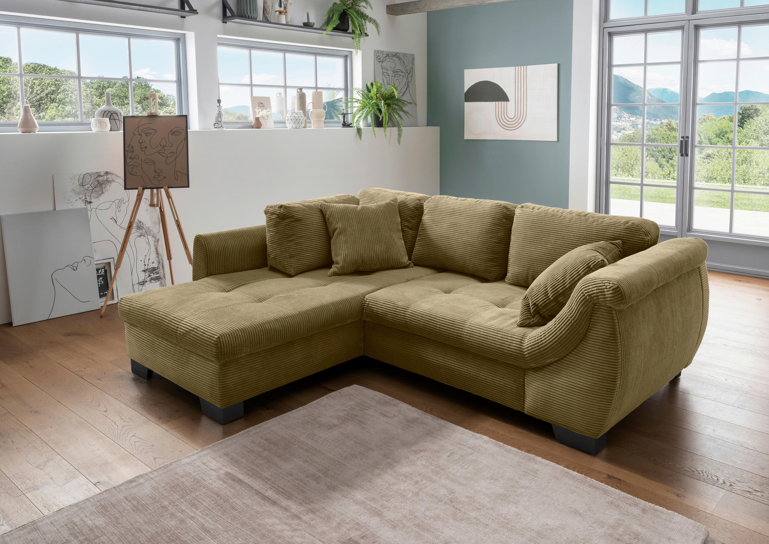 ECKSOFA in Cord Olivgrün  - Schwarz/Olivgrün, Design, Holz/Textil (190/250cm) - MID.YOU