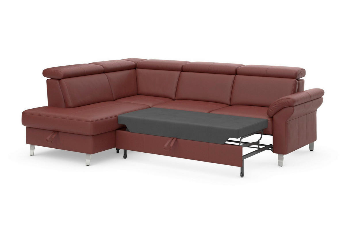 ECKSOFA ARNGAST E Rotbraun Kombination Echtleder/Stoff Mikrofaser Bettkasten, Kopfteilverstellung  - Chromfarben/Rotbraun, Basics, Leder/Textil (194/245cm) - Sit & More