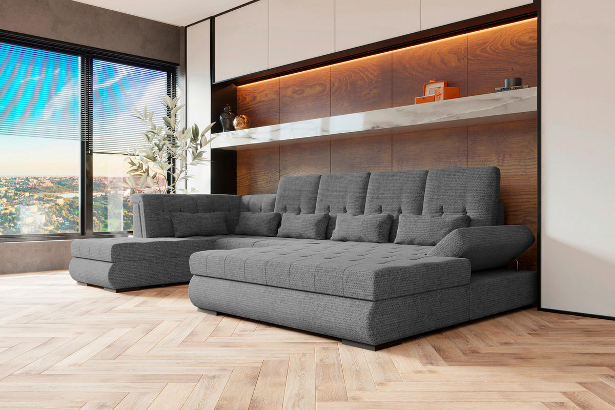 WOHNLANDSCHAFT Grau Struktur  - Schwarz/Grau, KONVENTIONELL, Kunststoff/Textil (222/358/212cm) - Carryhome