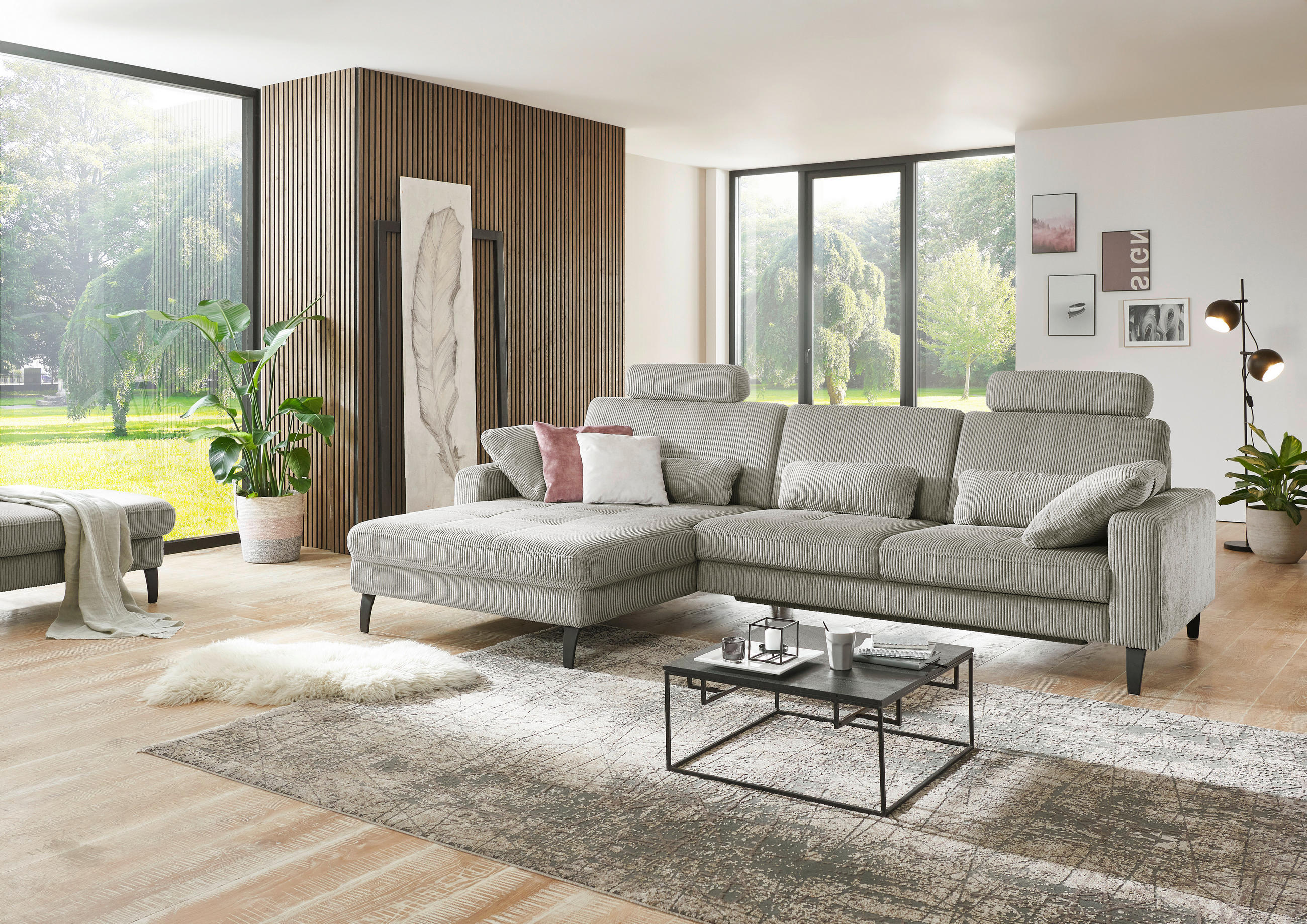 ECKSOFA in Cord Greige  - Greige/Schwarz, Modern, Textil/Metall (177/302cm) - Beldomo Style