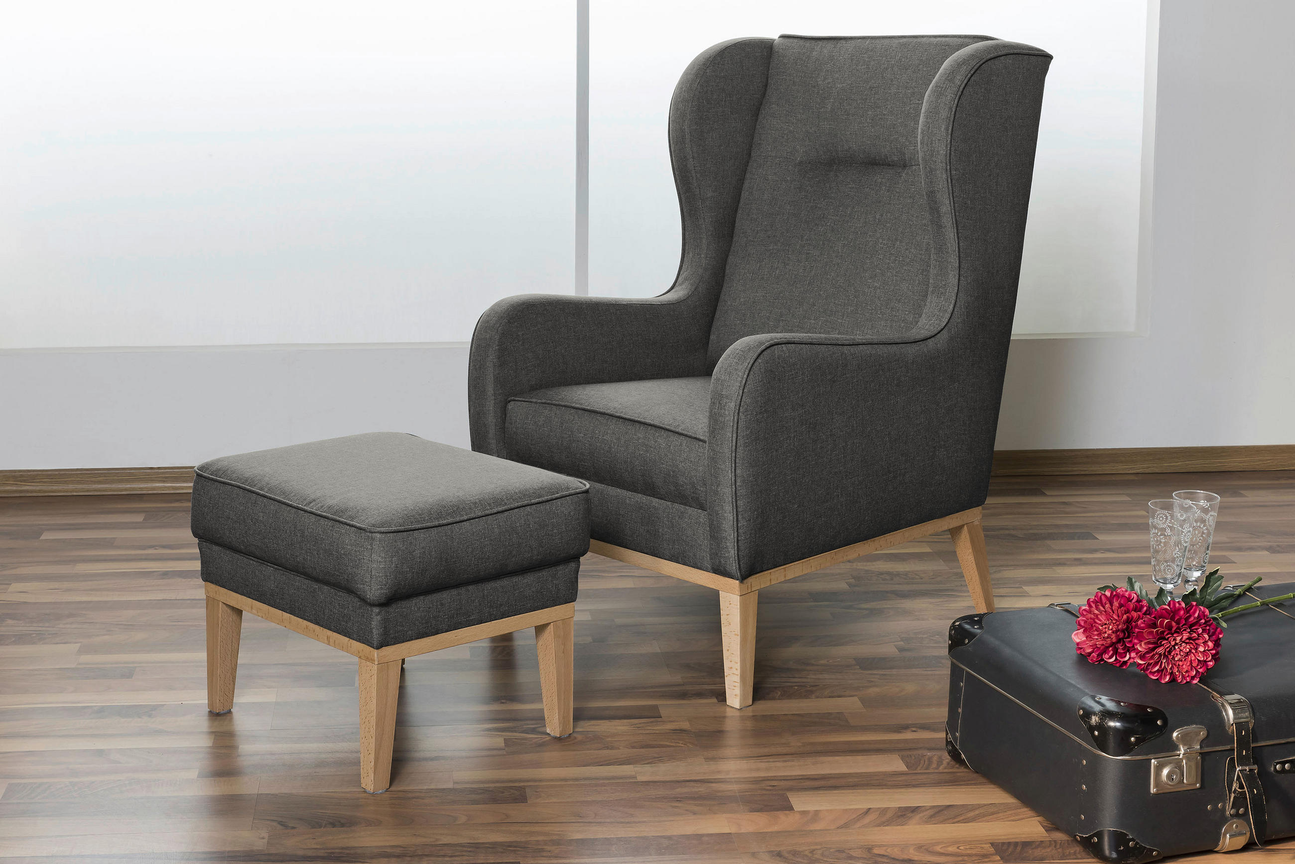 HOCKER in Textil Anthrazit  - Anthrazit/Naturfarben, Konventionell, Holz/Textil (50/41/41cm) - Max Winzer