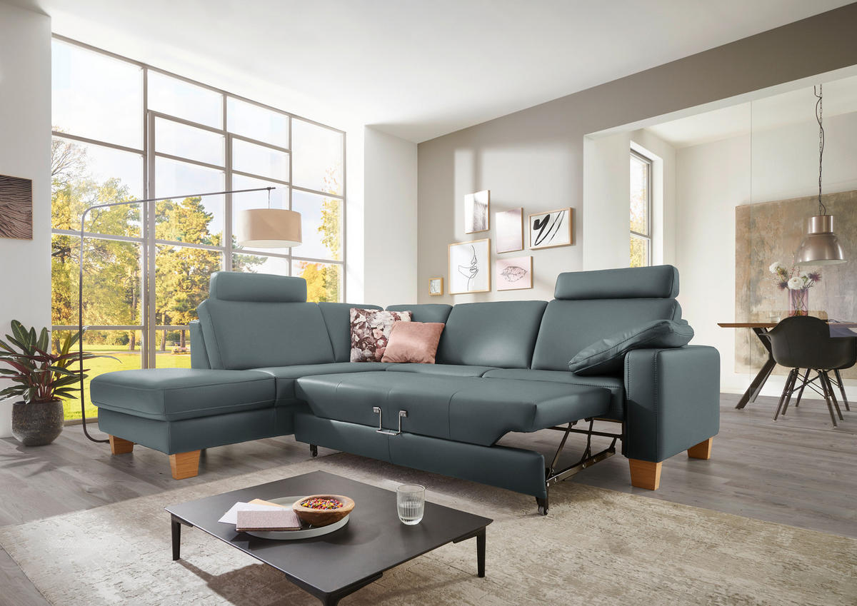 ECKSOFA in Echtleder Blaugrau  - Eiche Bianco/Blaugrau, Konventionell, Leder/Holz (235/257cm) - Valdera