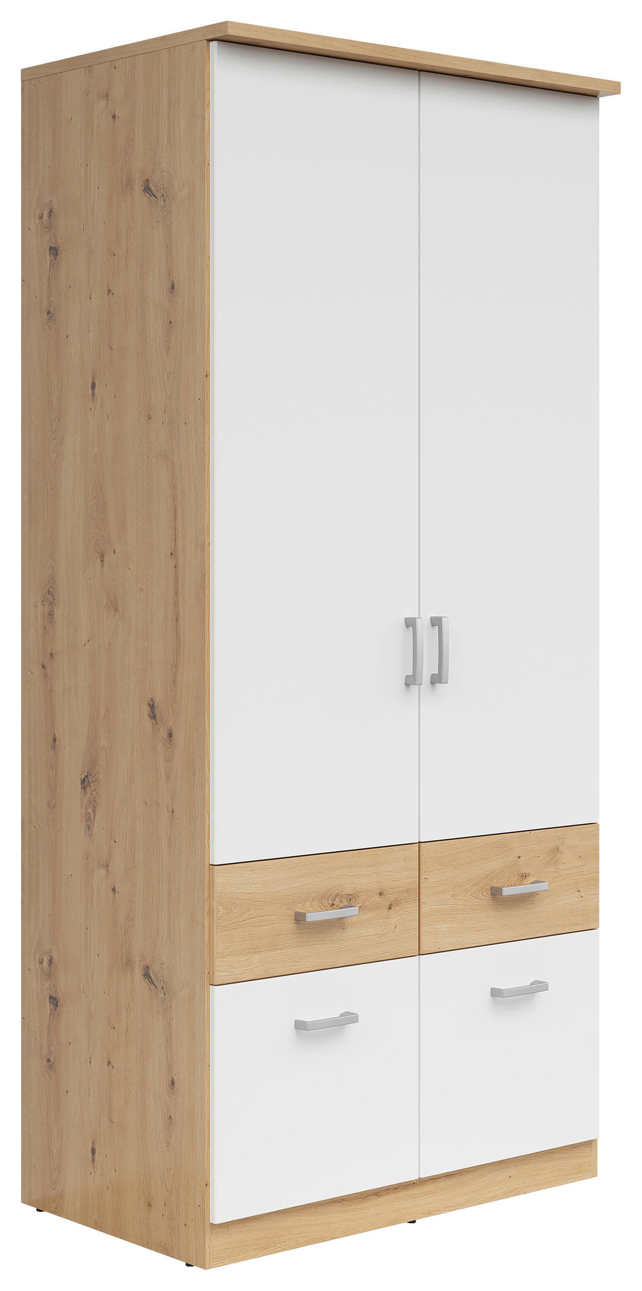 KLEIDERSCHRANK 91/199/58 cm,  in Weiß, Eiche Artisan, 2-türig  - Silberfarben/Weiß, KONVENTIONELL, Holzwerkstoff/Kunststoff (91/199/58cm)