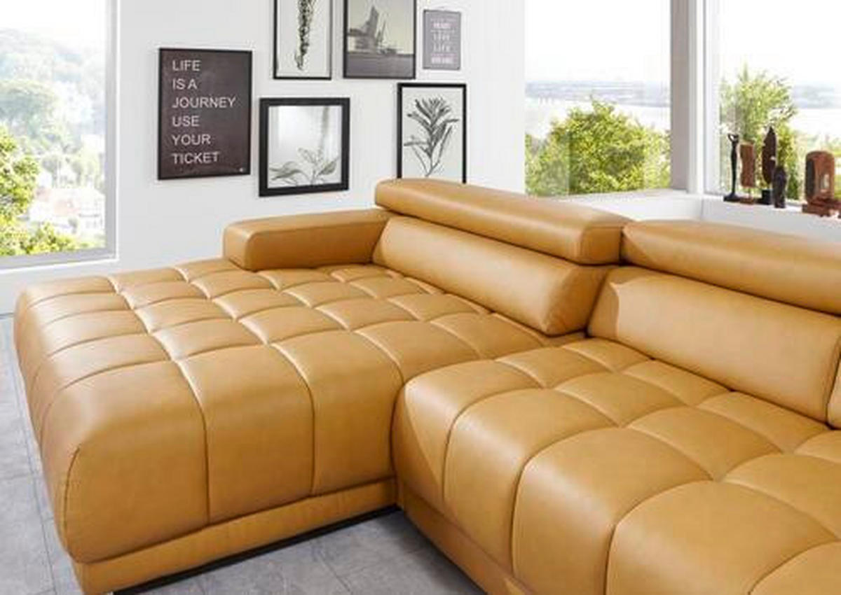 ECKSOFA in Echtleder Currygelb  - Currygelb/Alufarben, Design, Leder/Metall (190/335cm) - Beldomo Speed