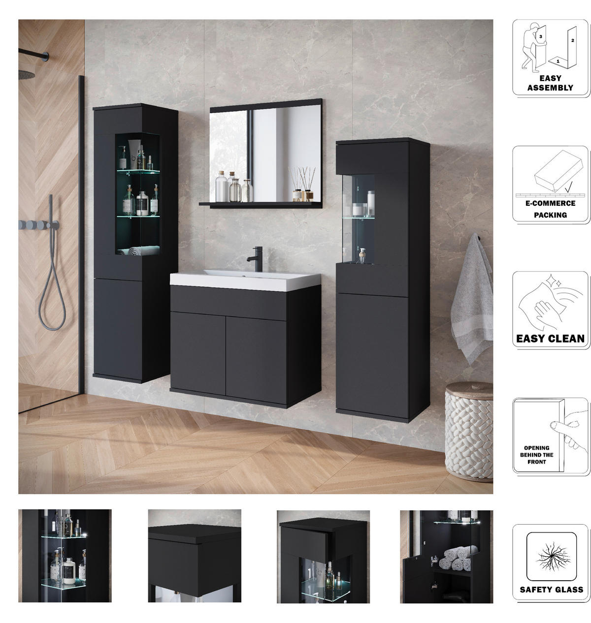 BADEZIMMER 5-teilig  in 120,4 cm  - Schwarz/Weiß, Trend, Glas/Keramik (120,4cm) - P & B