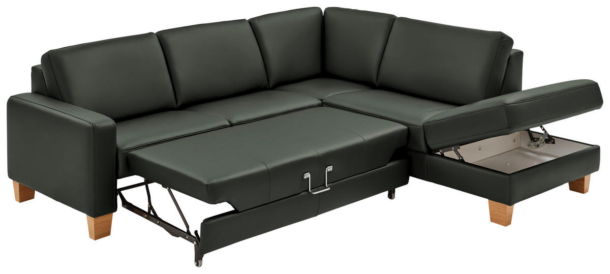 ECKSOFA in Echtleder Dunkelgrün  - Eiche Bianco/Dunkelgrün, Natur, Leder/Holz (257/235cm) - Valdera