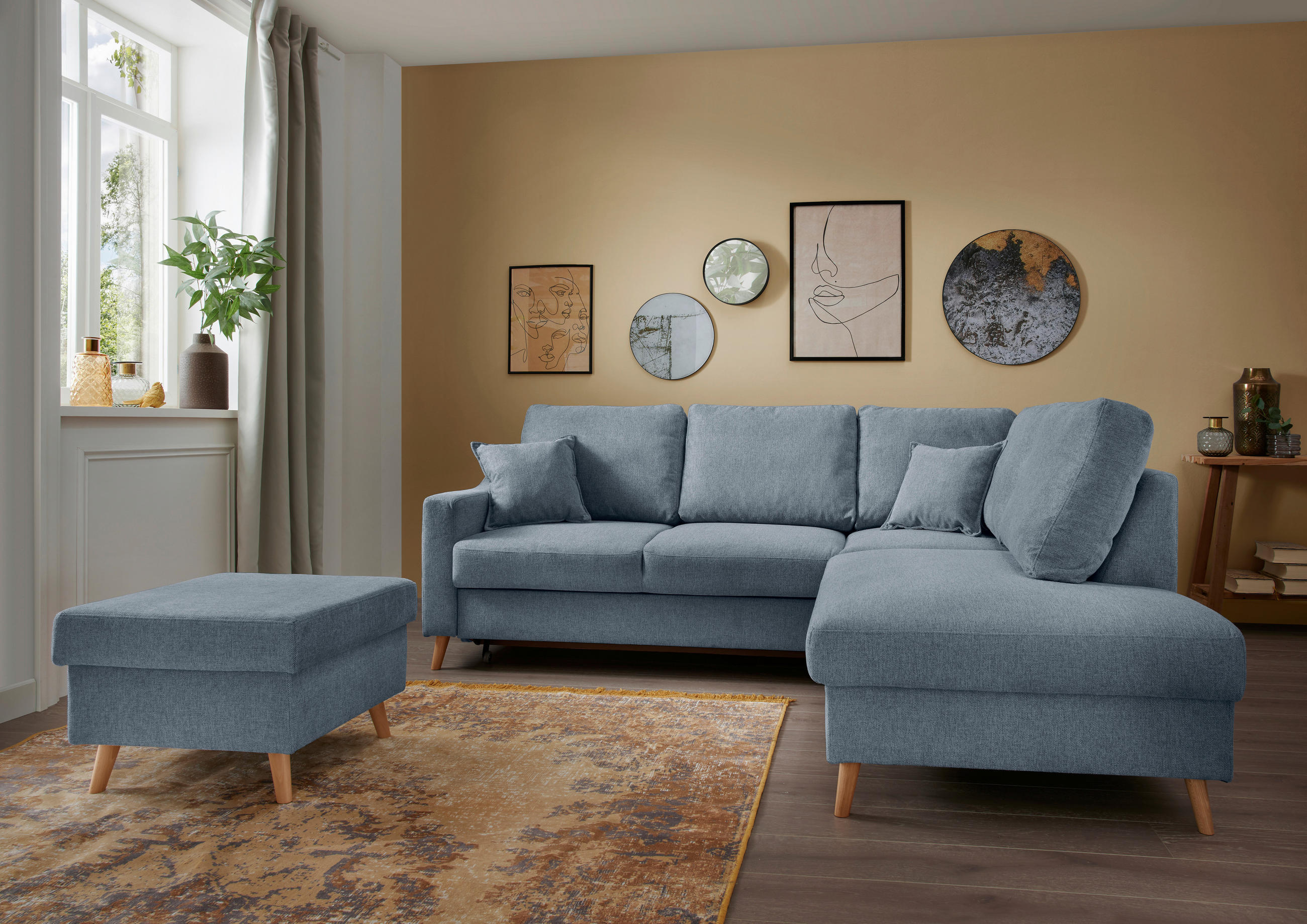 ECKSOFA Blau Struktur  - Blau/Naturfarben, KONVENTIONELL, Holz/Textil (230/200cm) - P & B