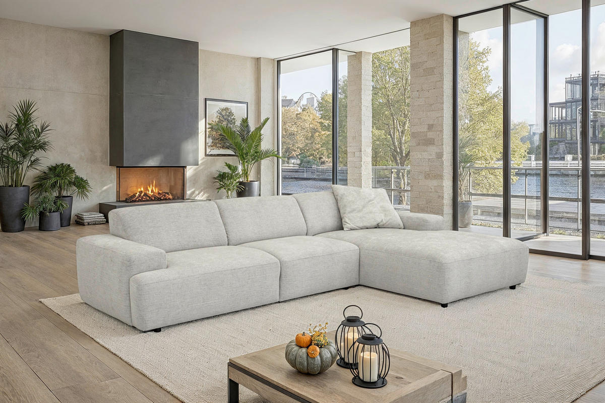 ECKSOFA Silberfarben Flachgewebe Rücken echt  - Silberfarben/Schwarz, KONVENTIONELL, Kunststoff/Textil (294/184cm) - Hom`in