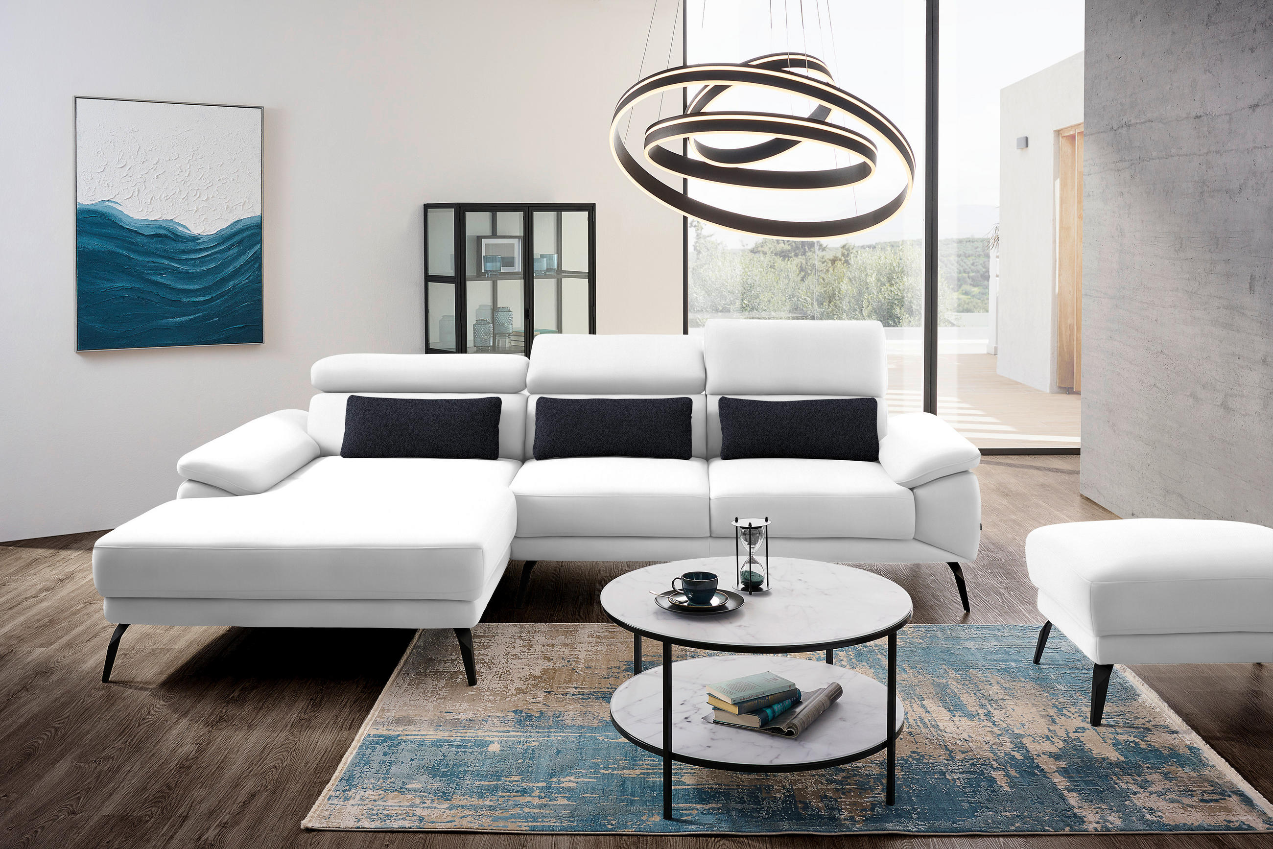 ECKSOFA Weiß Velours  - Schwarz/Weiß, Design, Textil/Metall (187/295cm) - Novel