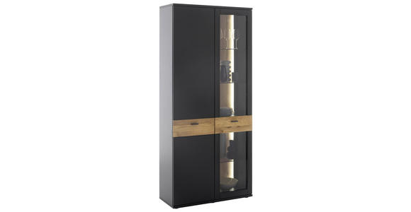 VITRINE in furniert, massiv Eiche Grau, Schwarz, Eichefarben - Eichefarben/Anthrazit, Design, Glas/Holz (90/201/37cm) - Novel