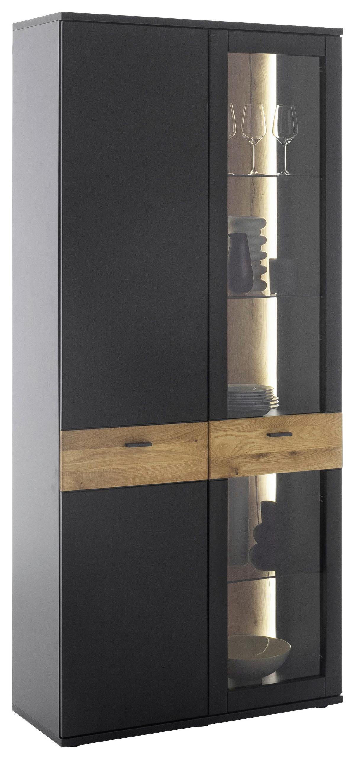VITRINĂ  in furniruit, masiv stejar gri, negru, culoare lemn stejar  - culoare lemn stejar/antracit, Design, sticlă/metal (90/201/37cm) - Novel