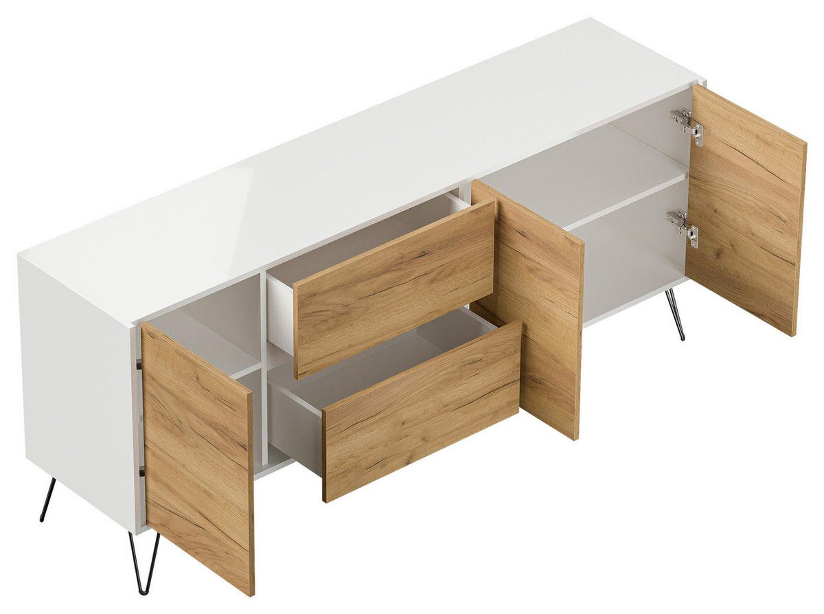 SIDEBOARD Posseik Industrial  in 177/75,8/42 cm  - Eichefarben/Weiß Hochglanz, Design, Holzwerkstoff/Metall (177/75,8/42cm) - P & B