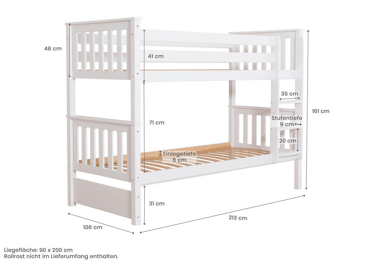 ETAGENBETT - Weiß, MODERN, Holz (90/200cm) - MID.YOU