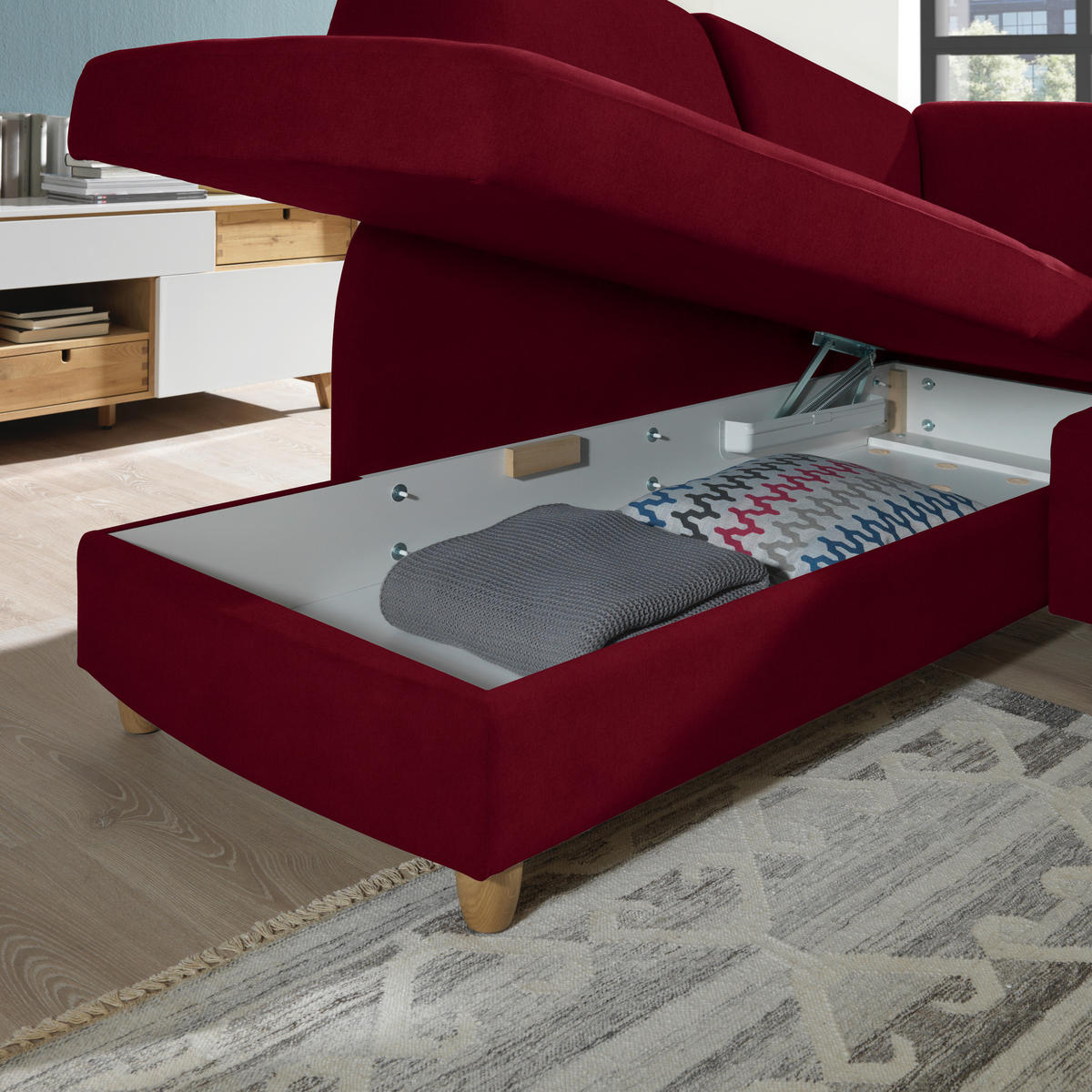 ECKSOFA in Flachgewebe Bordeaux  208/227 cm  - Eichefarben/Bordeaux, KONVENTIONELL, Holz/Textil (208/227cm) - Sedda