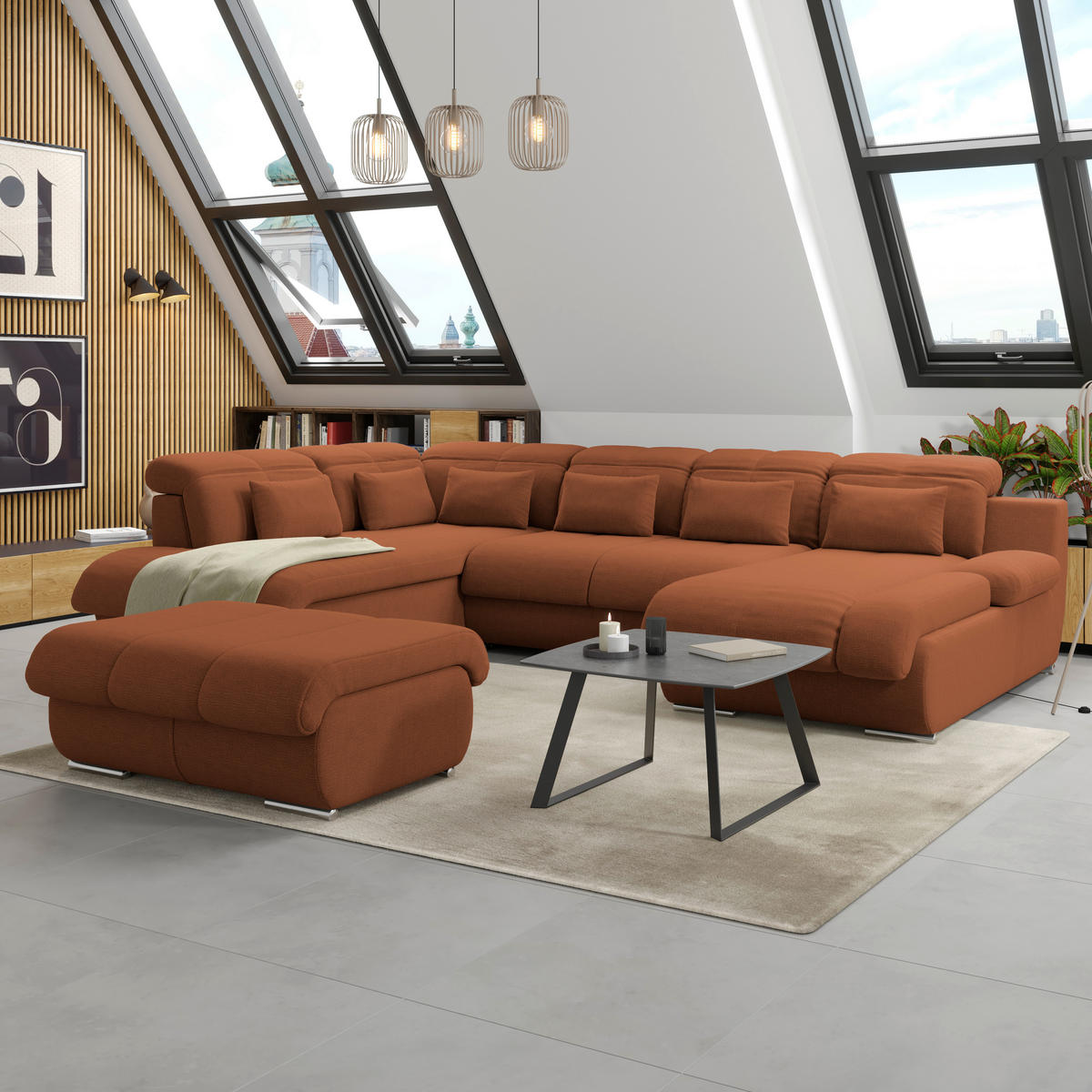 WOHNLANDSCHAFT MULTI Terracotta Chenille  - Chromfarben/Terracotta, MODERN, Textil/Metall (228/345/184cm) - Livetastic