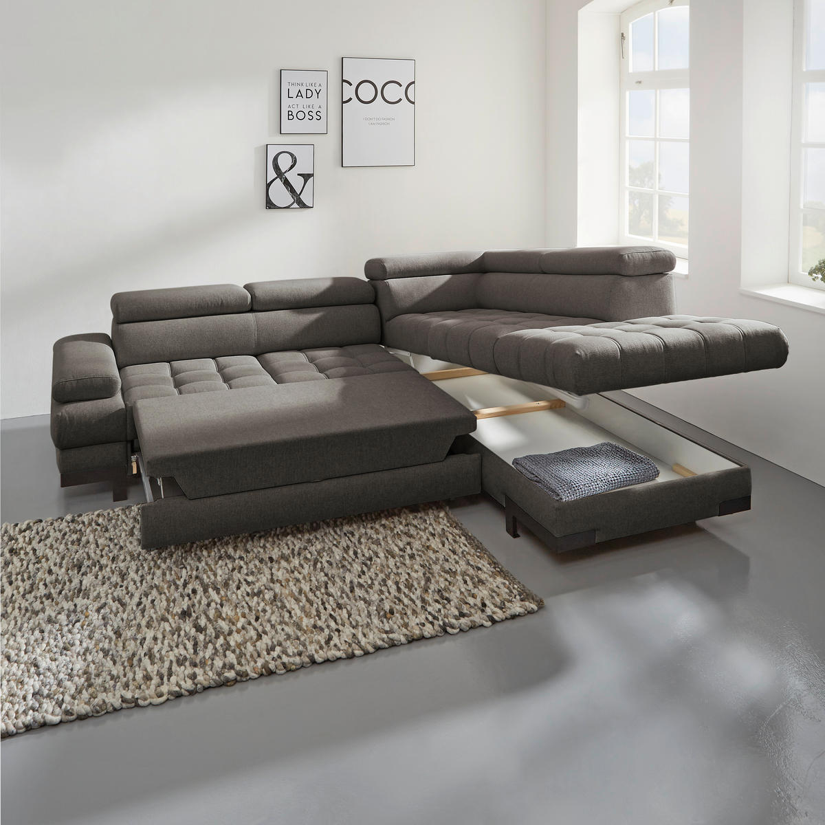 ECKSOFA Dunkelbraun Webstoff  - Dunkelbraun/Schwarz, Design, Textil/Metall (263/223cm) - Welnova