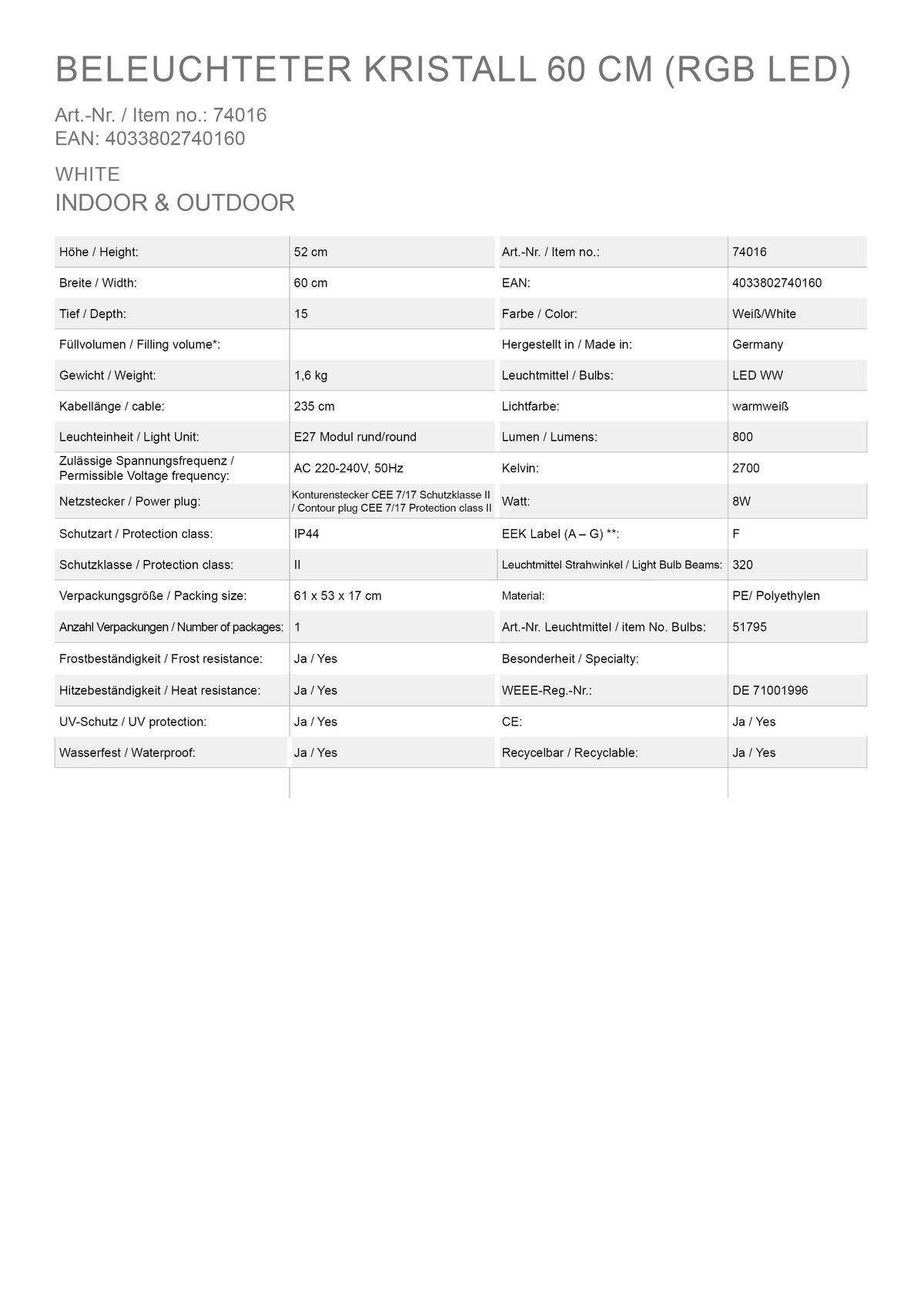LED-DEKORATIONSLAMPA 59 cm  - vit, Basics, plast (59cm)