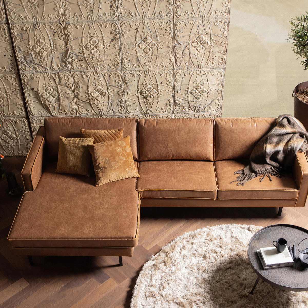ECKSOFA Rodeo Cognac Echtleder  - Cognac, Design, Leder/Textil (155/300cm) - Livetastic