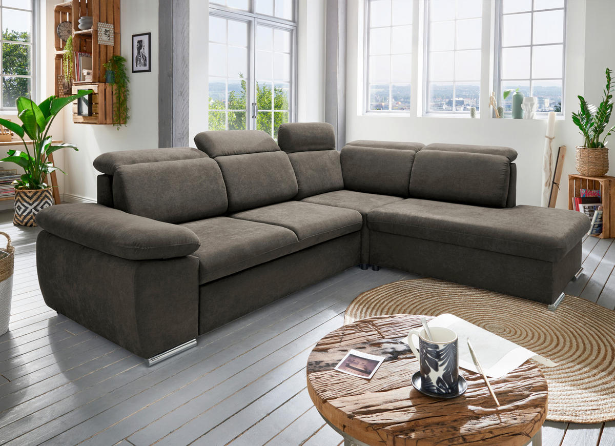 ECKSOFA Mikrofaser Dunkelbraun  - Chromfarben/Dunkelbraun, Design, Textil/Metall (283/228cm) - Livetastic