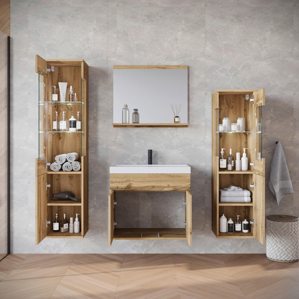 BADEZIMMER 5-teilig  in 120,4 cm  - Eiche Wotan/Weiß, Trend, Glas/Keramik (120,4cm) - P & B