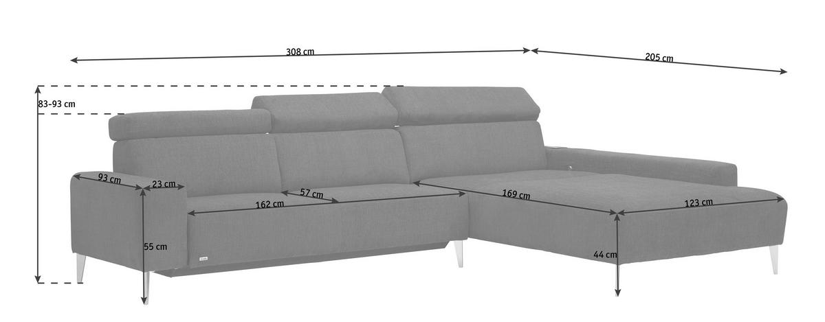 ECKSOFA  in Flachgewebe Grau  308/205 cm  - Schwarz/Grau, Design, Textil/Metall (308/205cm) - Sedda