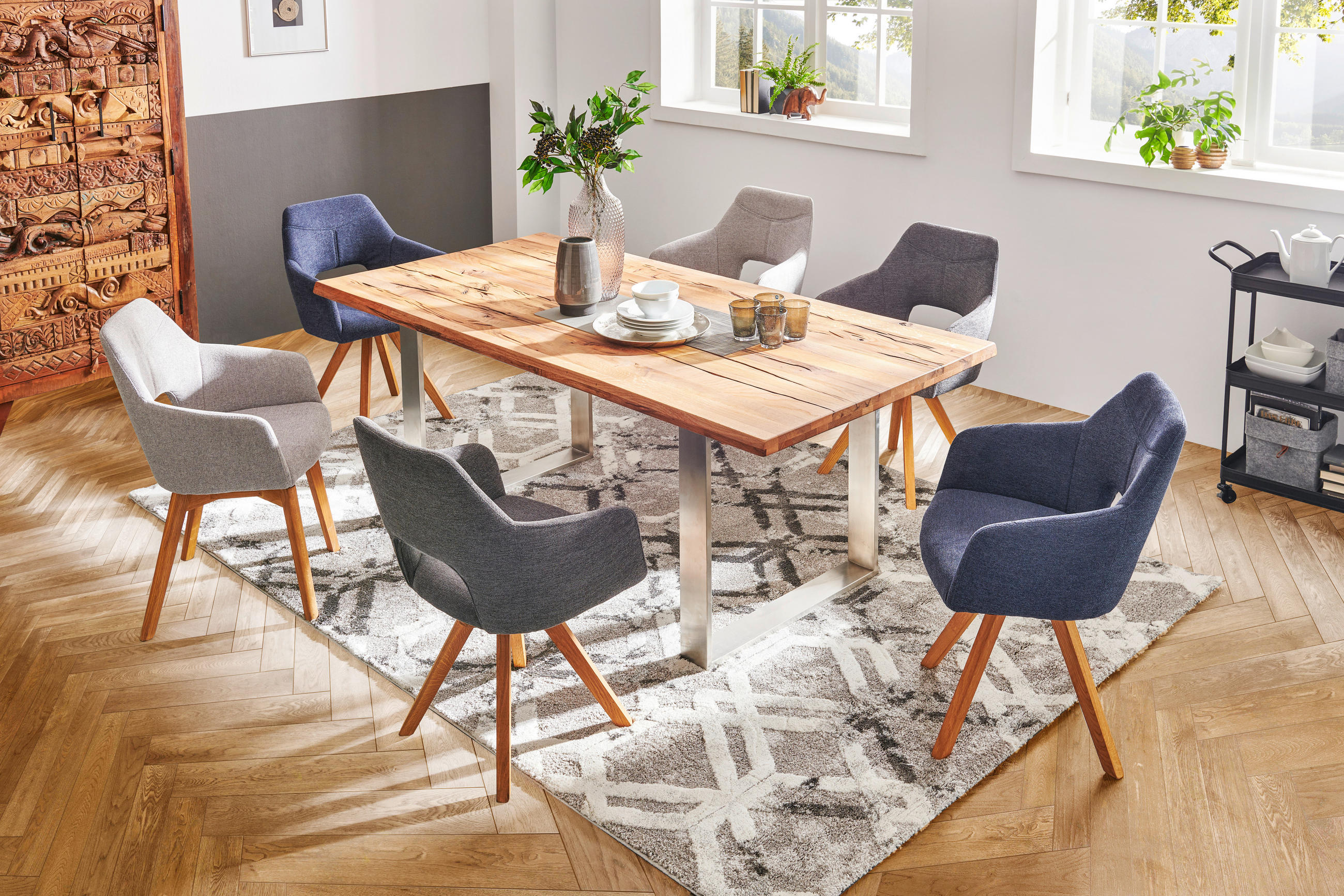 Thumbnail - Voleo Armlehnstuhl, Anthrazit, Eiche, Holz, Textil, Wildeiche, massiv, eckig, 57x84x57 cm, Stoffauswahl, Sitzfläche 180°...