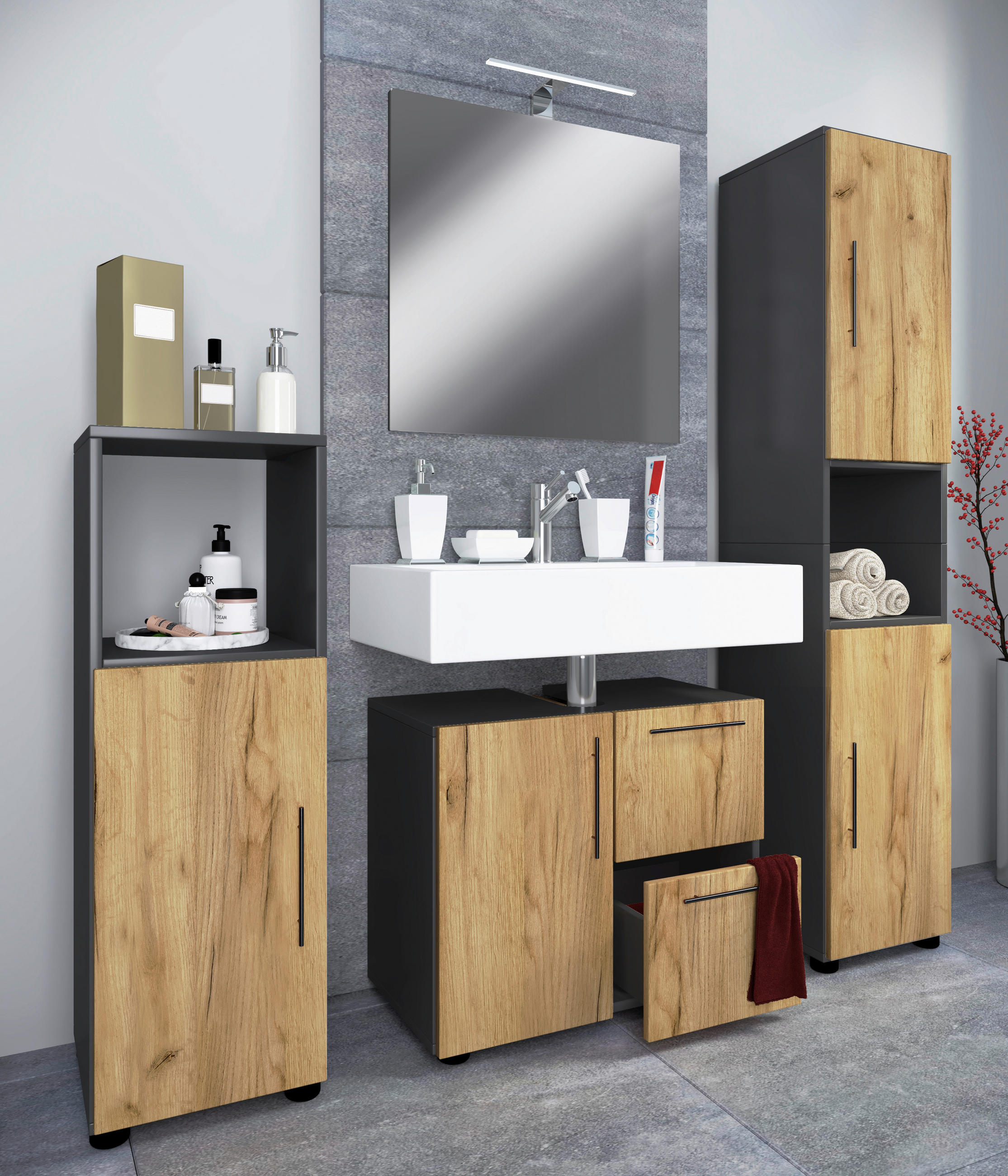 BADEZIMMER 4-teilig  in 123 cm  - Honigeiche/Anthrazit, MODERN, Holzwerkstoff/Kunststoff (123cm) - MID.YOU