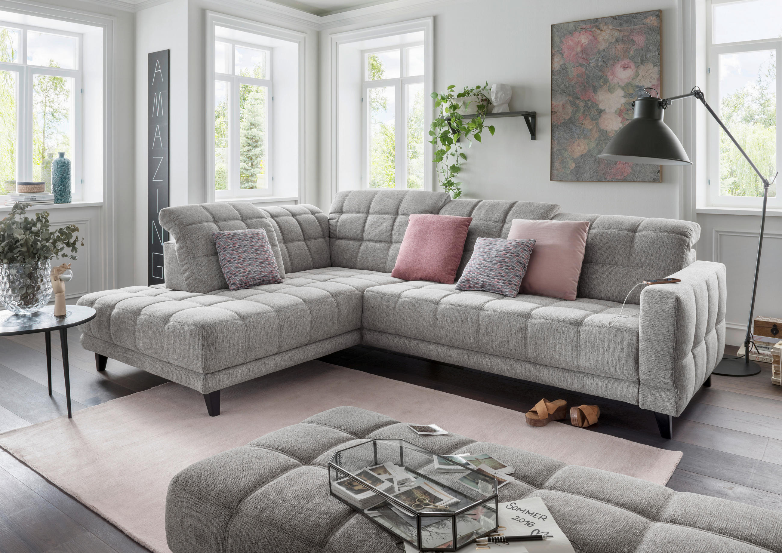 ECKSOFA Grau Webstoff  - Schwarz/Grau, Design, Holz/Textil (216/302cm) - Xora
