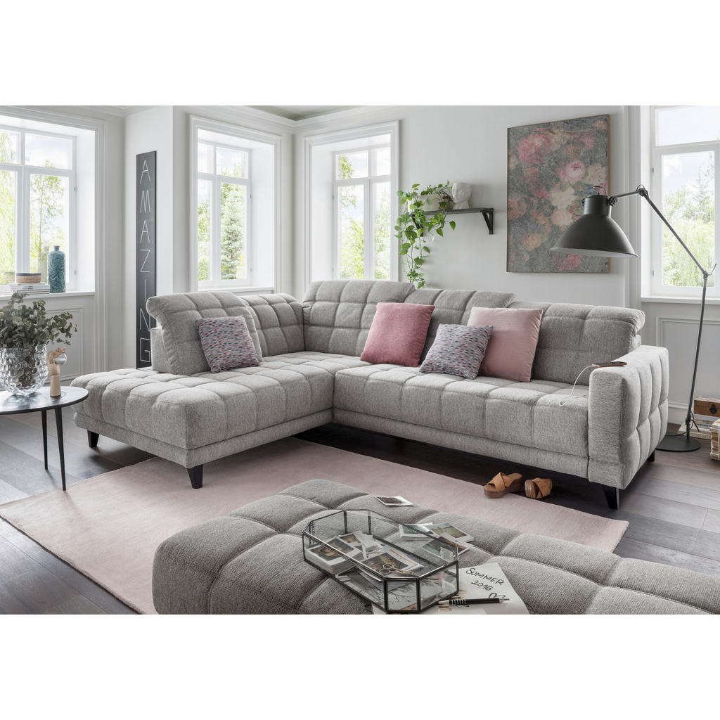 Thumbnail - Xora Ecksofa, Grau, Textil, Buche, Uni, 3-Sitzer, Ottomane links, L-Form, 302x216 cm, Goldenes M, Typenauswahl, Fußauswa...