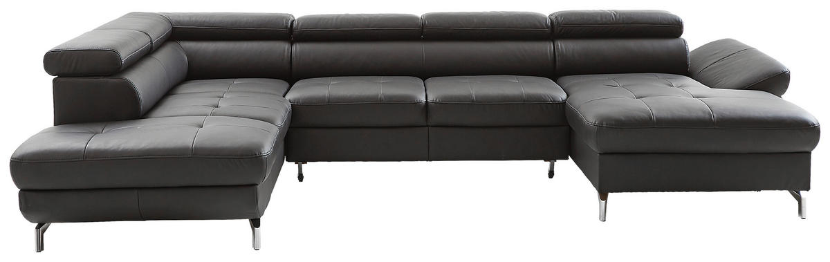 WOHNLANDSCHAFT  in Echtleder Schwarz  - Silberfarben/Schwarz, Design, Leder/Metall (220/340/170cm) - Novel