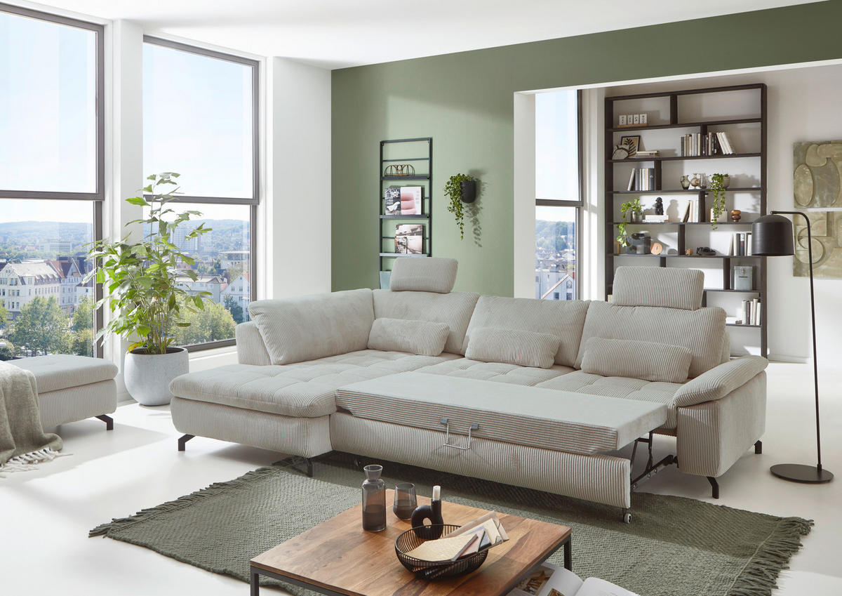 ECKSOFA in Velours, Cord Hellgrün  - Schwarz/Hellgrün, Design, Textil/Metall (197/291cm) - Beldomo Style