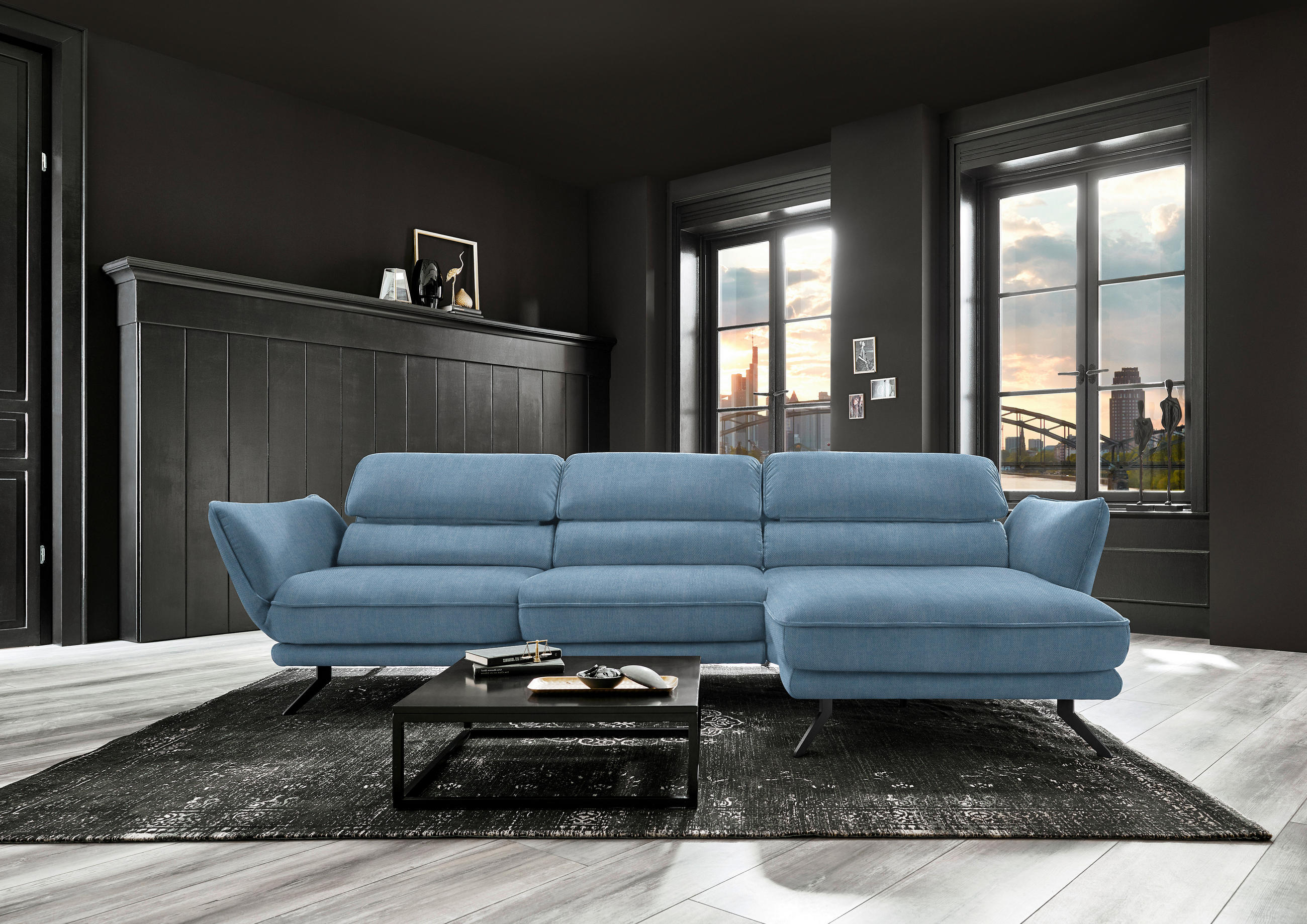 ECKSOFA in Velours Hellblau  - Schwarz/Hellblau, Design, Textil/Metall (283/153cm) - Valdera