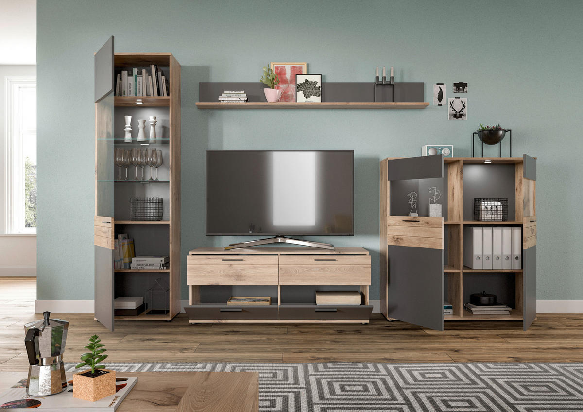 WOHNWAND  in Grau  327/200/44 cm  - Schwarz/Grau, KONVENTIONELL, Glas/Holzwerkstoff (327/200/44cm) - MID.YOU