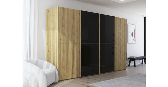 SCHWEBETÜRENSCHRANK 360/223/68 cm 4-türig Schwarz, Eichefarben  - Eichefarben/Schwarz, Design, Glas/Holz (360/223/68cm) - Novel