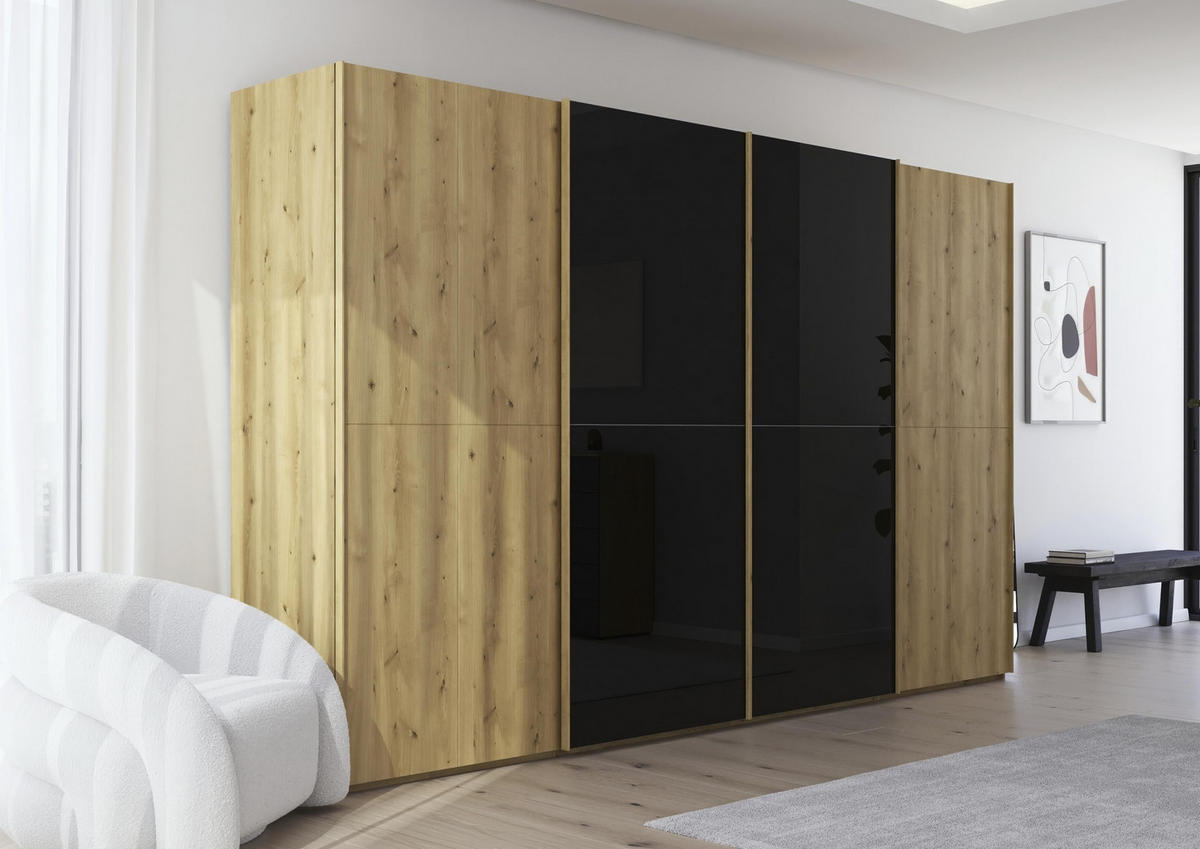 SCHWEBETÜRENSCHRANK 360/223/68 cm 4-türig Schwarz, Eichefarben  - Eichefarben/Schwarz, Design, Glas/Holz (360/223/68cm) - Novel
