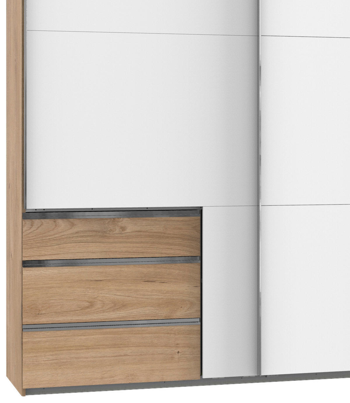 SCHWEBETÜRENSCHRANK 350,00/216,00/65,00 cm 4-türig Weiß, Eichefarben  - Chromfarben/Eichefarben, Basics, Holzwerkstoff/Metall (350,00/216,00/65,00cm) - MID.YOU