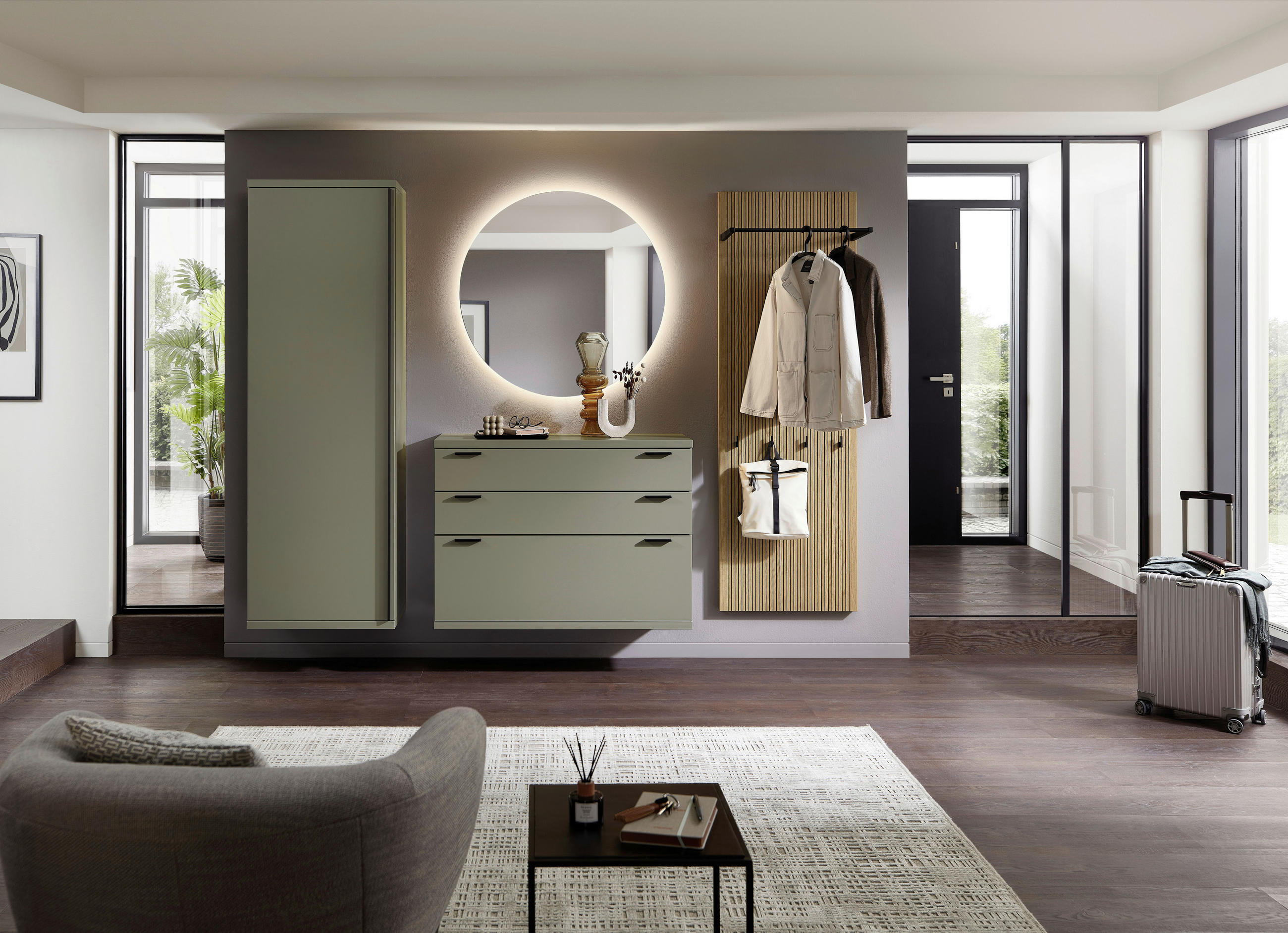 GARDEROBE  in 255/182,6/39,6 cm  - Eichefarben/Grün, Design, Glas/Holz (255/182,6/39,6cm) - Invivus