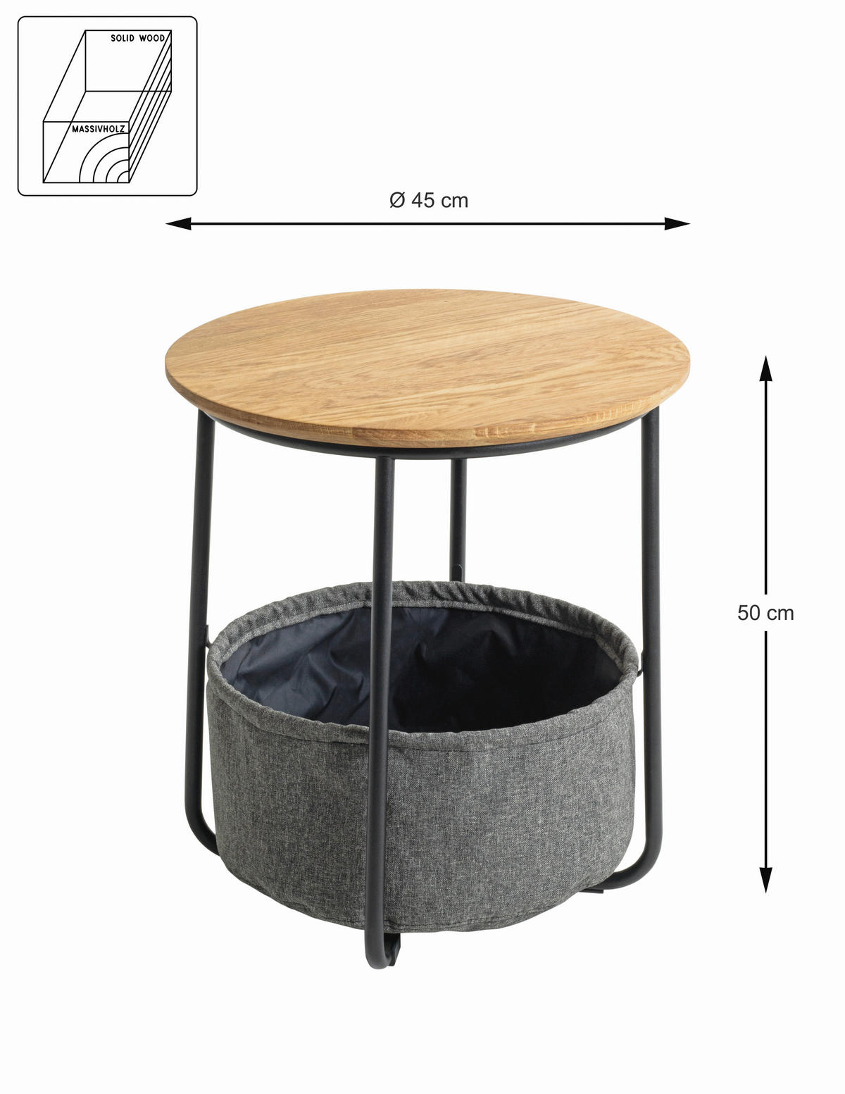 Beistelltisch Rubi 2 45/45/50 cm Eiche Hartholz Grau, Schwarz, Eichefarben rund  - Eichefarben/Schwarz, Trend, Holz/Textil (45/45/50cm)